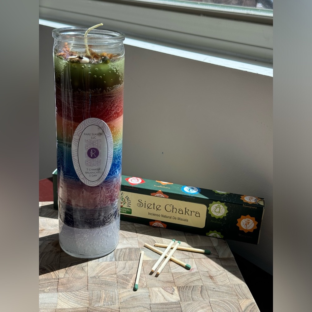 Handmade 7 Day Chakra Candle & Incense | Crystal & Herb Infused for Balance